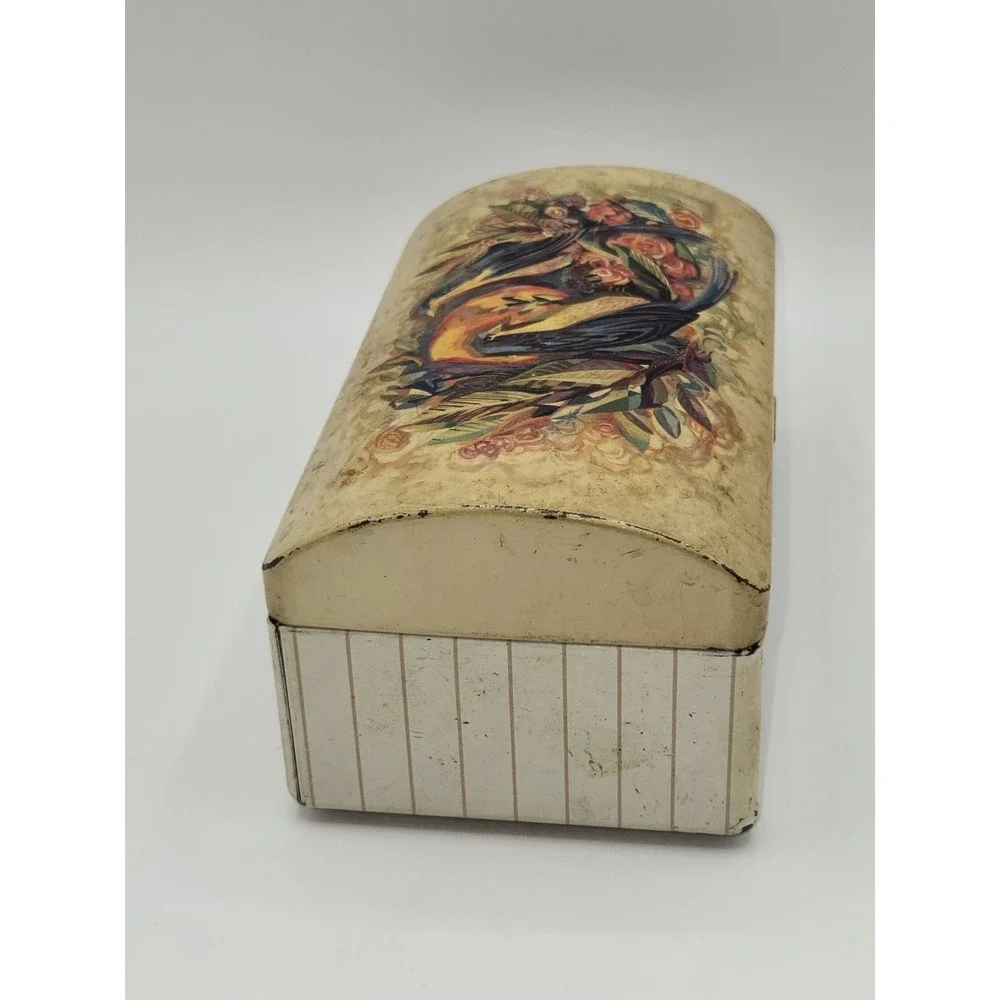 Vintage Metal Storage Tin Box Bird Floral‎ Design Hinged Lid 6.5